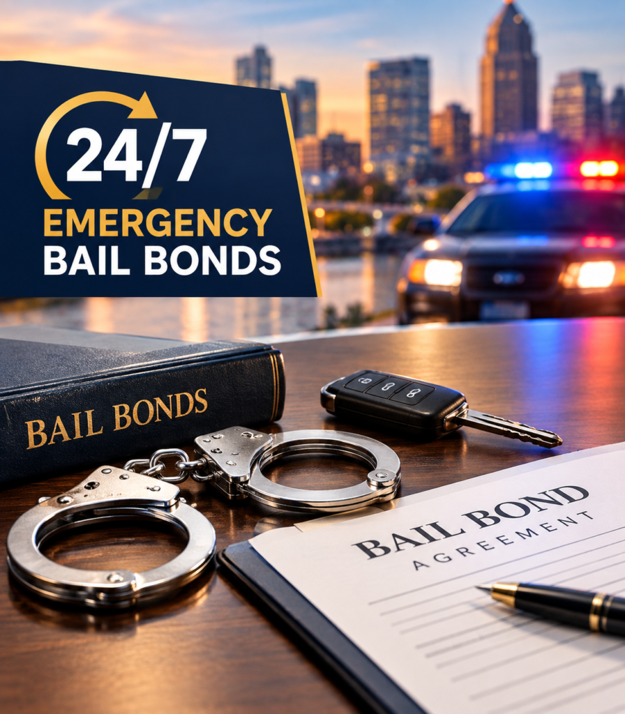Bail bond agreement, keys and handcuffs with a Hartford skyline and emergency bail bonds sign